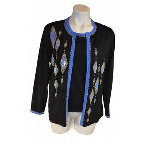 Bob Mackie Wearable Art Twin Set Cardigan & Top Black Blue Beaded Sequins S NWT